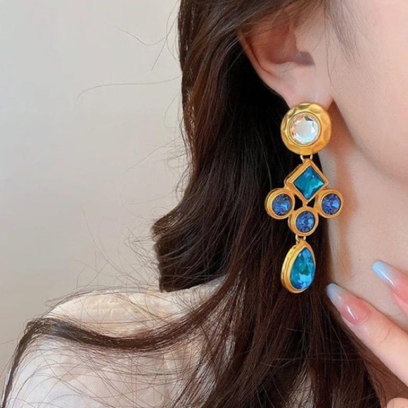 Anthropologie Bohemian Style Gold and Blue Statement Earrings - Picture 3 of 4